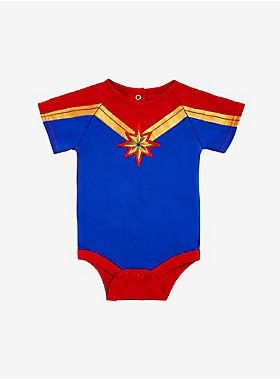 Your baby might not have super powers, but they can still grow up to be a hero! This adorable baby bodysuit replicates Captain Marvel's costume, with the red, blue and stripe with her star insignia. Featuring snap fastener closures. A BoxLunch Exclusive! 60% cotton; 40% polyester Wash cold; dry low Imported Listed in infant sizes Captain America Dress Up, Winnie The Pooh Ears, Disney Christopher Robin, Captain Marvel Costume, Marvel Captain Marvel, Toddler Cardigan, Disney Kingdom Hearts, Marvel Costumes, Star Wars Luke