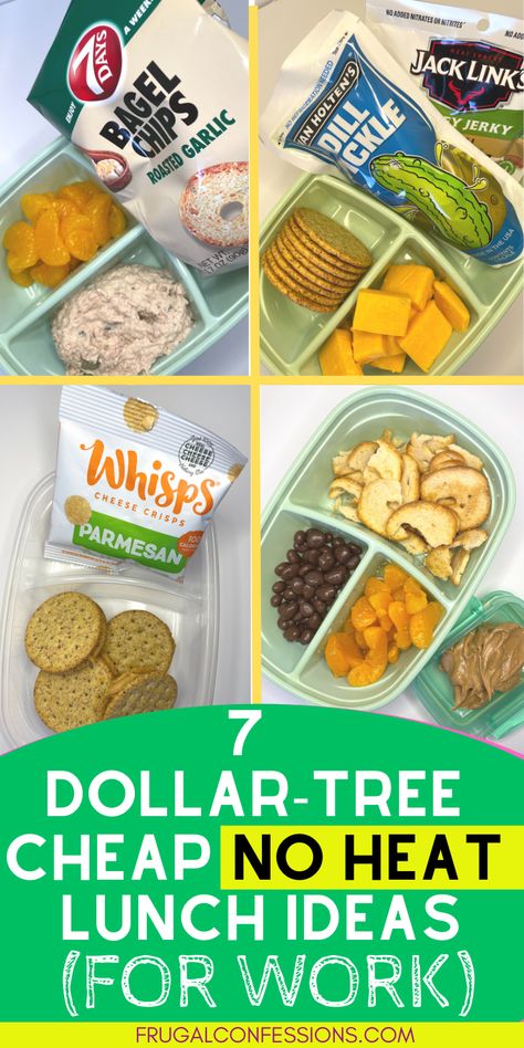 Cheap no-heat lunch ideas from the Dollar Tree - am I the only one who didn't know how much cheap food the Dollar Tree offers? No heat lunches I can send with my husband, and ones I can prep ahead of time for myself, too. I love these budget meals! Dollar Tree Lunch Ideas, Dollar Tree Meals Ideas, Dollar Tree Dinner Ideas, Lunch Ideas Budget, No Heat Lunches, No Prep Meals, Cold Lunches For Work, Budget Lunches, Dollar Tree Meals