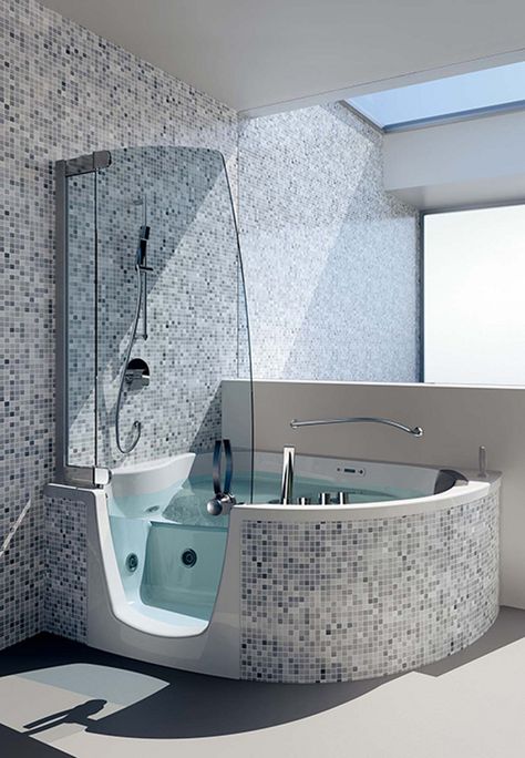 This will definitely give your bathroom a different look. Wondering what we are talking about? This is about a cool Corner Whirlpool shower designed by Bathroom Tub Shower Combo, Bathtub Shower Combo, Small Bathroom Colors, Small Bathtub, Bathroom Tub Shower, Japanese Soaking Tubs, Walk In Bathtub, Walk In Tubs, Corner Tub