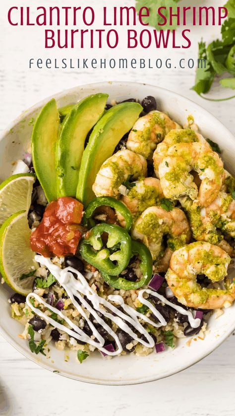 How to make the best homemade cilantro lime shrimp - This can be used for burrito bowls, tacos, or lettuce wraps. This simple and easy recipe uses a marinade to give the shrimp a big flavor. Healthy recipe is paleo and keto and can be served with rice or cauliflower rice. Shrimp Burrito Bowl, Shrimp Burrito, Cilantro Lime Shrimp, Burrito Bowls Recipe, Cilantro Lime Sauce, Frozen Cauliflower Rice, Marinated Shrimp, Lime Shrimp, Shrimp And Rice