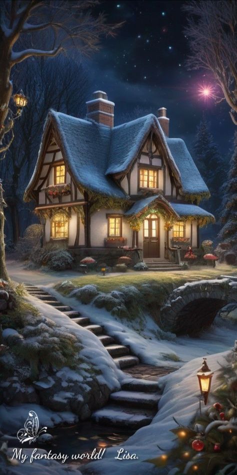 Fantasy Winter Village, Snowy Cabin Drawing, Winter Cabins In The Woods Snow, Snowy Cabin In The Woods, Magical Scenery, House In Snow, Snowy Cabin In The Woods Winter Scenes, Whimsical Houses, Cozy Homes