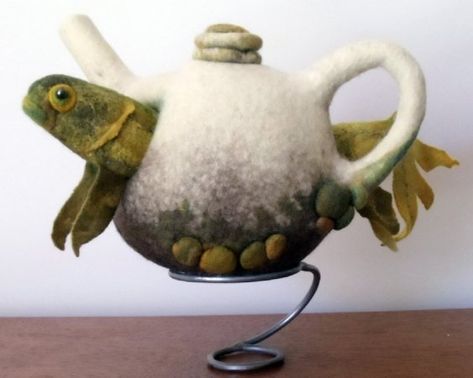 Fish Teapot - Sara Quail - Felt maker & Fibre Artist Ceramic Teapots Handbuilt, Fish Teapot, Turtle Teapot, Unusual Teapots Ceramic Art, Handbuild Teapot, Flash Photo, Tea Pots, Felt, Fish