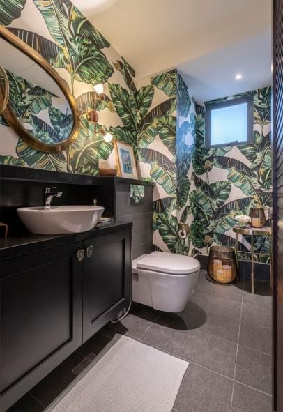 12 interesting yet simple bathroom designs - Home & Decor Singapore Tropical Powder Room, Shoebox Apartment, Modern Scandinavian Interior, Simple Bathroom Designs, Geometric Pattern Wallpaper, Beautiful Bathroom Designs, Tropical Interior, Tropical Bathroom, Stunning Bathrooms