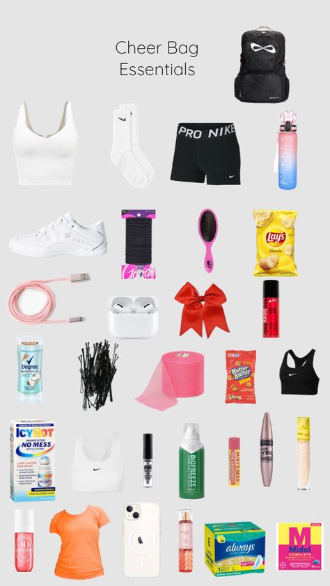 #cheerbag Cheerleader Bag Essentials, Volleyball Backpack Essentials, What To Keep In Cheer Bag, Cheer Bag Essentials Practice, Cheerleading Bag Essentials, What To Pack In Cheer Bag, Cheer Bag Essentials Game Day, Whats In My Cheer Bag, What’s In My Cheer Bag