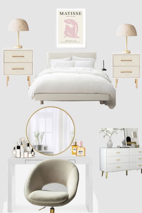 bedroom / bedspread / mirror / chair / vanity / get ready with me / grwm / desk / makeup / clothes / basic / sleep / bed / poster / amazon affiliate link White Room Decor, Home Decor Ideas Bedroom, Dekorasi Kamar Tidur, Pinterest Room Decor, Preppy Room Decor, Redecorate Bedroom, Cozy Room Decor, Minimalist Room, Decor Ideas Bedroom