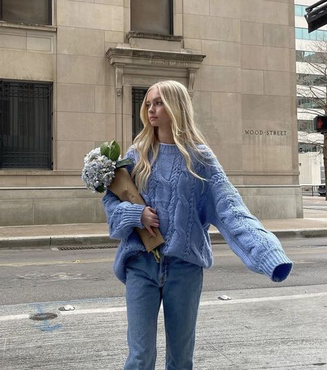 Valerie Sanders, Cold Spring Outfit, Blue Sweater Outfit, Chunky Cable Knit Sweater, Cable Pattern, Blue Knit Sweater, Chunky Cable Knit, Chunky Knit Sweater, With Mom