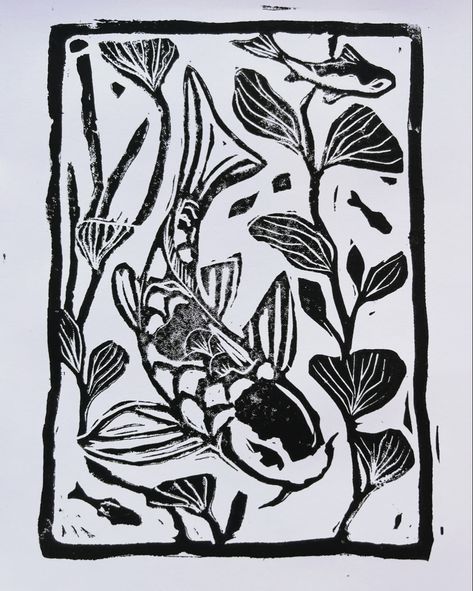 Lino Fish Prints, Koi Block Print, Koi Fish Stamp Tattoo, Koi Fish Block Print, Koi Fish Stamp, Japanese Lino Print, Koi Fish Linocut, Koi Linocut, Linoleum Printmaking Ideas