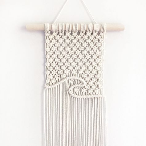 "Modern Macrame Wallhanging.  Triangle Twist Fiber Art. This medium/long size macrame (12\"W dowel x 48\"L) is a great size for that long narrow spot we all wonder what to do with! This Minimalist wall hanging is a fine example of how just the right knots and beads can create an interesting textural and geometric art piece that will compliment any wall in your home! Length can be trimmed to fit your wall just the way you like it. Hangs on a natural finish wood dowel.   This design is a soft natu Long Narrow Macrame Wall Hanging, Triangle Twist, Beach Macrame Wall Hangings, Sea Macrame, Sea Themed Macrame, Asymmetrical Macrame Wall Hanging, Long Walls, Boho Minimalist, Beach Boho