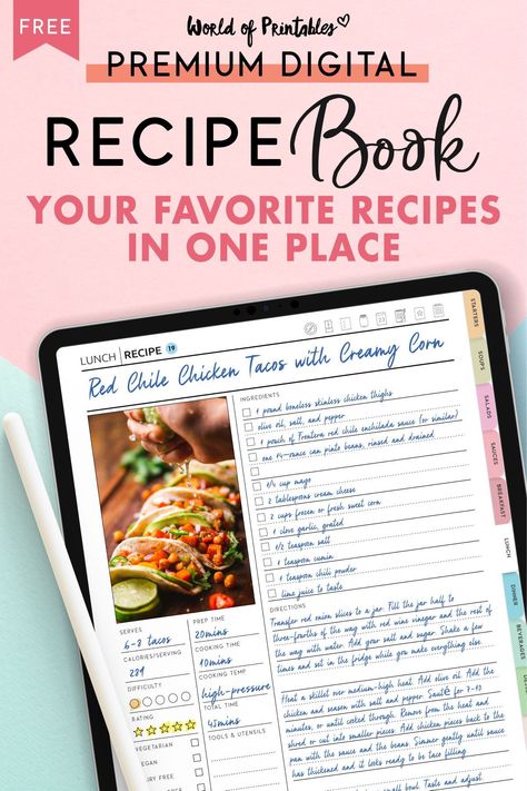 Goodnotes Meal Plan Template, Free Digital Meal Planner, Online Recipe Book, Recipe Digital Planner, Digital Meal Planner Template Free, Recipe Planner Printables Free, Free Digital Recipe Book Goodnotes, Good Notes Recipe Book, Ipad Recipe Book