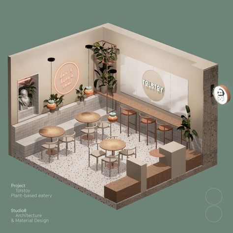 Tolstoy, plant-based eatery / studio8 lab | ArchDaily Interior Design Portfolio Layout, Modern Restaurant Design, Coffee Shop Interior Design, Rumah Minecraft, Cafe Shop Design, Interior Design Presentation, Portfolio Design Layout, Interior Design Sketches, Coffee Shops Interior