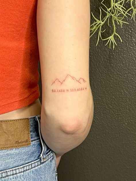 Mountain Side Tattoo, Mt Katahdin Tattoo, Mountains With Coordinates Tattoo, Couple Coordinate Tattoo, Colorado Mountain Tattoo Simple, Mountain And Coordinate Tattoo, 3 Peak Mountain Tattoo, The Mountains Are Calling And I Must Go Tattoo, Mountain Tattoo With Cross