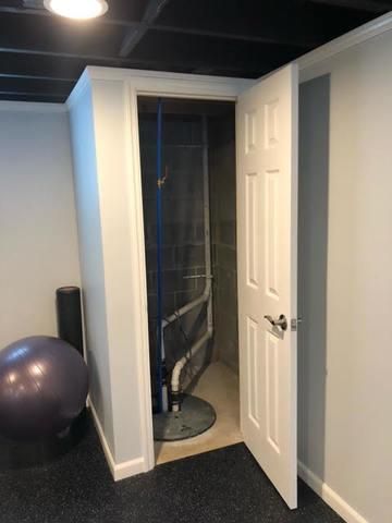 Small Finished Basements, Sump Pump Installation, Small Basement Bathroom, Small Basement Remodel, Basement Remodel Diy, Basement Finishing, Basement Laundry Room, Exercise Room, Basement Inspiration