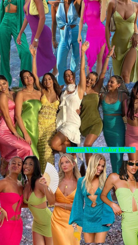 Pastel Color Bachelorette Party, Tropic Like Its Hot Bachelorette Party Outfits, Bright Colored Outfits Summer, Miami Vibes Outfits Party, Jewel Tone Bachelorette Party, Color Bachelorette Party Theme, Bright Bachelorette Party Outfits, Bachelorette Color Theme Outfits, Colorful Bachelorette Party Outfits