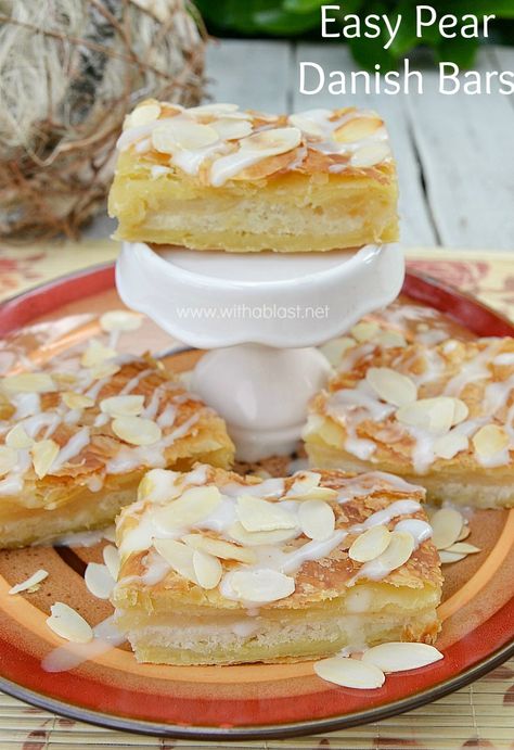 Easy Pear Danish Bars are quick to make - flaky pastry with a divine, yet simple Pear filling. These Pear Danishes will steal the show at any party [perfect everyday dessert too!] #PearDessert #PearRecipes #PearDanishRecipe #DanishRecipe #EasyDanishRecipe Pear Dessert, Dessert Bar Recipe, Pear Recipes, Danish Food, Breakfast Pastries, Flaky Pastry, Dessert Bread, Pastry Recipes, Breakfast Dishes