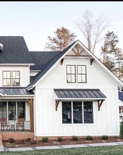 House Awnings, Ranch House Exterior, Black Roof, Garage Addition, Carolina House, Porch Columns, Home Exterior Makeover, Exterior Makeover, Modern Farmhouse Exterior