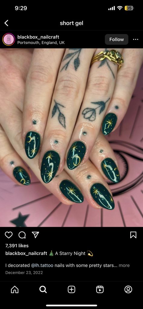 Emerald Green Nail Ideas Almond, Pagan Nail Designs, Simple Witchy Nails Almond, Moon Theme Nails, Luna Moth Nail Art, Forest Witch Nails, Mystical Nails Simple, Beltane Nails, Witchy Winter Nails