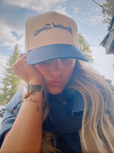 hat style, trucker hat, summer aesthetic, easy ootd, barstool sports, navy sweatshirt, graphic tee outfit, trucker hat outfit inspo, summer style, everyday outfit inspo, travel day outfit, California summer, affordbale gold jewelry, dainty wrist tattoo Barstool Sports Aesthetic, Trucker Hat Aesthetic Outfit, Dainty Wrist Tattoo, Trucker Hat Aesthetic, Travel Day Outfit, Trucker Hat Outfit, Graphic Tee Outfit, College Lifestyle, College Lifestyles