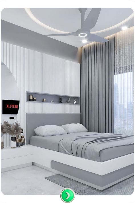 A modern white and grey bedroom with sleek lines, minimalist furniture, and cozy textures. A sophisticated space that combines comfort and contemporary style. Light Bedroom Colors, White And Grey Bedroom, Over Bed Wall Decor, Light Gray Bedroom, Light Blue Bedroom, Bedroom Color Ideas, Blue Bedroom Walls, Grey Bedroom Furniture, Bed Wall Decor