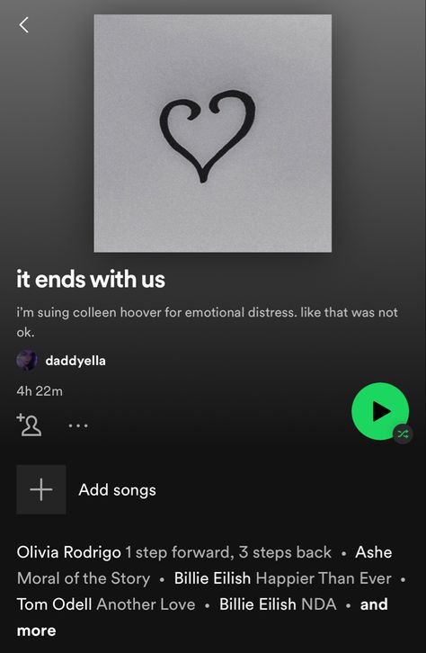 It Ends With Us Songs, It Ends With Us Spotify Playlist, Spotify Reading Playlist, It Ends With Us Playlist, Books With Playlists, One Sided Love Playlist, Tom Odell, Colleen Hoover Books, Another Love