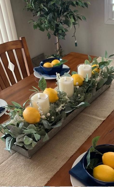 Drake Relationship, Basketball Homecoming, Table Centerpieces For Home, Lemon Kitchen Decor, Summer Centerpieces, Dining Room Table Centerpieces, Lemon Kitchen, Tafel Decor, Green Eucalyptus