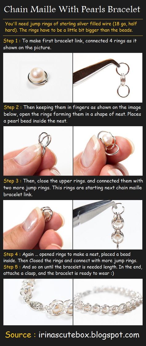 Pearl Bracelet Tutorial, Pola Manik, Chainmail Jewelry, Pearls Bracelet, Diy Jewelry Projects, Chainmaille Bracelet, Pola Kartu, Chain Maille Jewelry, Pola Gelang