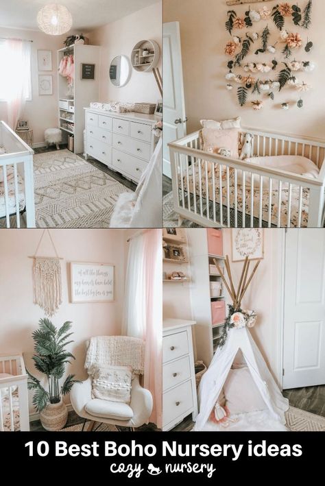 When we think about Boho we know it has to be natural. Natural colours and natural materials. If you ask any interior designer what would be the best materials to use in the styling Boho nursery you will have the answer: rattan, jute, wood, and seagrass. All these components perfectly fit into a modern Boho style.  nursery by @megolanski    We have collected the best 10 Boho nurseries to show the fabric, furniture, and accessories to use in the nursery.  #baby #bohonursery #cozynursery Nursery Boho Ideas, Boho Chic Baby Room, Dusty Pink Boho Nursery, Boho Nursery Colors, Blush Boho Nursery, Boho Chic Nursery Girl, Boho Theme Nursery, Boho Flower Nursery, Baby Boho Nursery