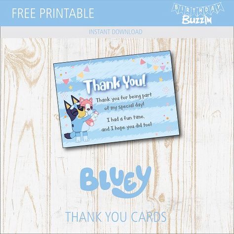 Free Printable Bluey Thank You Cards | Birthday Buzzin Free Bluey Thank You Tags, Bluey Birthday Thank You, Bluey Birthday Thank You Tags, Bluey Birthday Thank You Cards, Free Printable Bluey Decorations, Bluey Thank You Tags, Bluey Keepy Uppy Printable, Bluey Party Printable Free, Keepy Uppy Printable Bluey