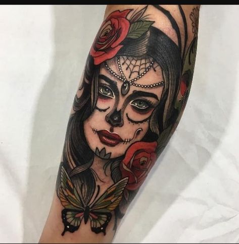 Day Of The Dead Tattoo For Women, Dia De Los Muertos Tattoo Ideas Woman, Candy Skull Tattoo For Women, Mexican Inspired Tattoos For Women, Mexican Culture Tattoo For Women, Tattoo Pierna Mujer, Sugar Skull Sleeve, Sugar Skull Girl Tattoo, Candy Skull Tattoo