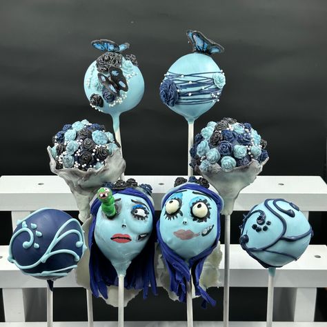 Cake pops inspired by the movie corpse bride 💙 #corpsebride #cakepops #cute #butterflies #halloween #blue #birthdayparty Corpse Bride Themed Food, Corpse Bride Birthday Party, Quinceañera Food, Bride Cake Pops, Corpse Bride Cake, Tim Burton Party, Bride Theme, Sweet Business, Bride Cake