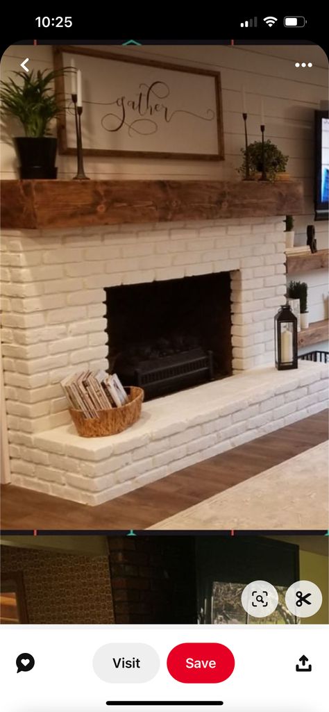 Brick Fireplace Mantles, White Wash Brick Fireplace, Hearth Decor, Oak Mantle, Painted Brick Fireplace, Brick Fireplace Makeover, White Wash Brick, Black Fireplace, Little Cabin