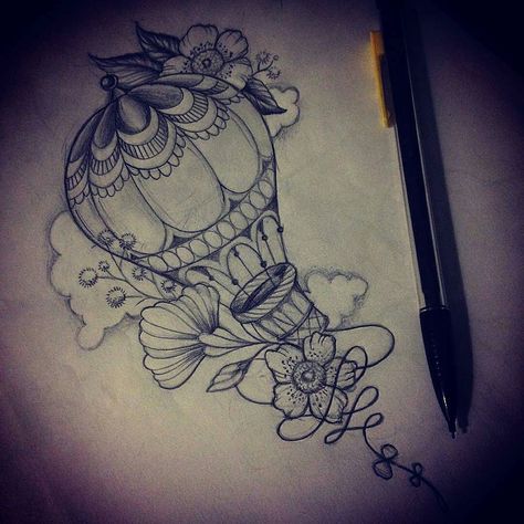 Cool #design #illustration by @sola_blackmeat (IG) of a #hotairballoon… Hot Air Balloon Tattoo, Air Balloon Tattoo, Balloon Tattoo, Kunst Tattoos, Cool Tattoo, Tattoo Girl, 1 Tattoo, Tattoo Feminina, Desenho Tattoo