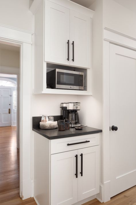 Kitchen Nook Pantry, Coffee Nook With Microwave, Minimalist Shaker Kitchen, Black Coffee Nook, Kitchenette Coffee Bar, Adding A Bar To Kitchen Counter, Microwave Above Coffee Bar, Kitchen Cabinet Nook, Coffee Cabinet Kitchen