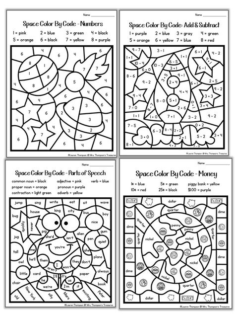 Space Math, Space Math Worksheets, Space Color By Number, Space Activities For Second Grade, Outer Space Activities For 1st Grade, Space Color By Number Free, Color By Code Free Printable Math, Space Decals, Space Lessons