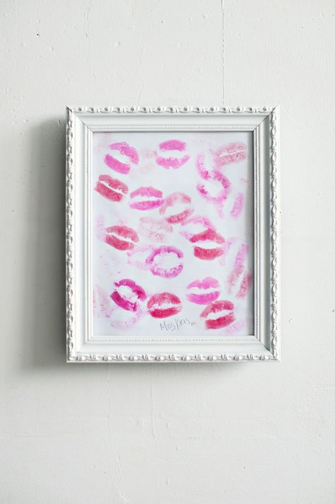 Kiss, Kiss: DIY Lipstick Artwork Diy Lipstick Decor, Wall Pinned Kiss, Kissable Lips Poster, Lipstick Kiss Artwork, Framed Lipstick Kisses, Cozy Hobbies, Art To Frame, Kiss Print, Valentines Frames