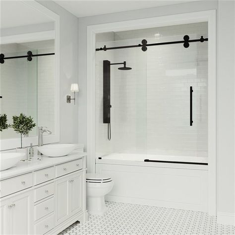 Black Bathtub, Interior Simple, Bathtub Doors, Interior Vintage, Interior Minimalista, Tub Doors, Steam Showers Bathroom, Sliding Shower Door, Bathroom Renos