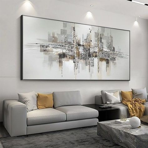 3d Paintings, Oversized Canvas Art, Future Bedroom, Canvas Wall Art Living Room, Modern Living Room Wall, White Canvas Art, Black Painting, Silver Wall, Silver Ombre