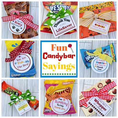 Marketing Candy Ideas, Pun Candy Gifts, Motivational Candy Puns, Fruit Snack Gift Sayings, Fun Thank You Gifts, Take 5 Candy Bar Sayings, Thank You Notes With Candy, Snacks With Cute Sayings Gift Ideas, Game Day Candy Sayings