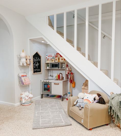 Playroom Ideas Under The Stairs, Playroom In Kitchen Nook, Small Finished Basement Playroom, Under Closet Playroom, Under Staircase Play Area, Under Stairs Cosy Nook, Basement Remodel With Playroom, Play Kitchen Under Stairs, Under Stairs Play Area Ideas