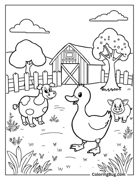 Kids coloring sheet of a cheerful farm scene featuring a duck, a friendly cow with spots, and a happy pig. The animals stand together near a barn, surrounded by a fence, trees, and grassy patches, creating a playful farmyard atmosphere. Duck Coloring Pages Free Printable, Duck Coloring Pages, Fence Trees, Farm Coloring Pages, Happy Pig, Boy Coloring, Farm Animal Coloring Pages, Coloring Pages Free Printable, Coloring Sheets For Kids