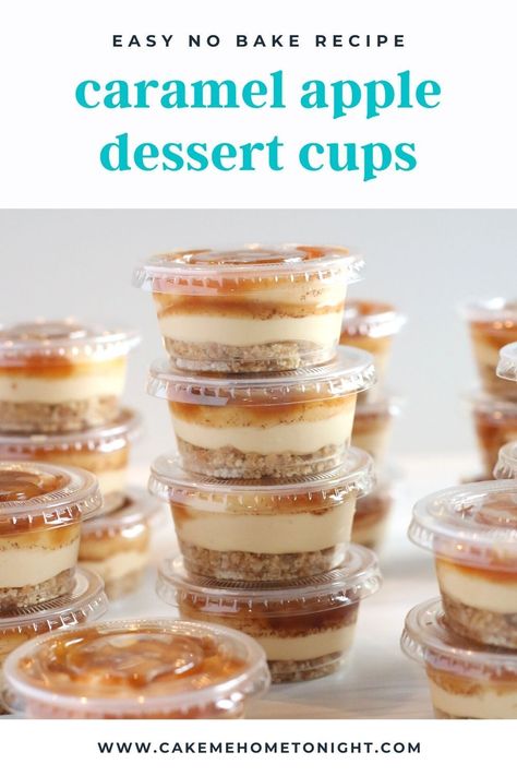 Caramel Apple Dessert Cups are an easy, delicious, and portable no bake dessert. Vanilla wafer crust, salted caramel mousse, cinnamon apples and a drizzle of salted caramel sauce make these cups irresistible and perfect for apple season! Apple Cups Recipe, Salted Caramel Apple Cups, Disposable Dessert Cups, Salted Caramel Mini Desserts, Dessert Cup Ideas Simple, Carmel Apple Cheesecake Bites, Easy Apple Desserts Individual, Easy Catering Dessert Ideas, Pumpkin Dessert In A Cup