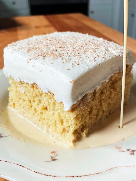 Eggnog Tres Leches, 3 Milk Cake, Showstopper Dessert, Tres Leches Cake Recipe, Tandoori Masala, Tres Leches Cake, Milk Cake, Light Desserts, Tres Leches