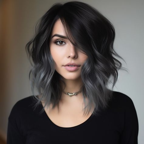 Black And Grey Short Hair, Grey Hair Balayage Dark Roots, Brown To Silver Hair, Dark Hair With Grey Balayage, Dark Hair With Color, Dark Bob With Highlights, Grey Roots Blending Dark Hair, Black And Gray Hair, Dark Gray Hair