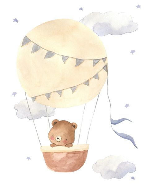 Oil Painting For Nursery, Hot Air Balloon Print, Nursery Illustration Art, Painting Ideas For Nursery, Ballon Watercolor, Painting For Baby Room, Baby Painting Ideas, Baby Boy Nursery Artwork, Baby Watercolor Painting