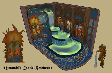 Fantasy Bathroom Art, Dnd Bathhouse, Mermaid Architecture, Fantasy Bathhouse, Bathhouse Concept Art, Fantasy Bath House, Fantasy Bathhouse Concept Art, Fantasy Bath House Concept Art, Bath House Fantasy Art