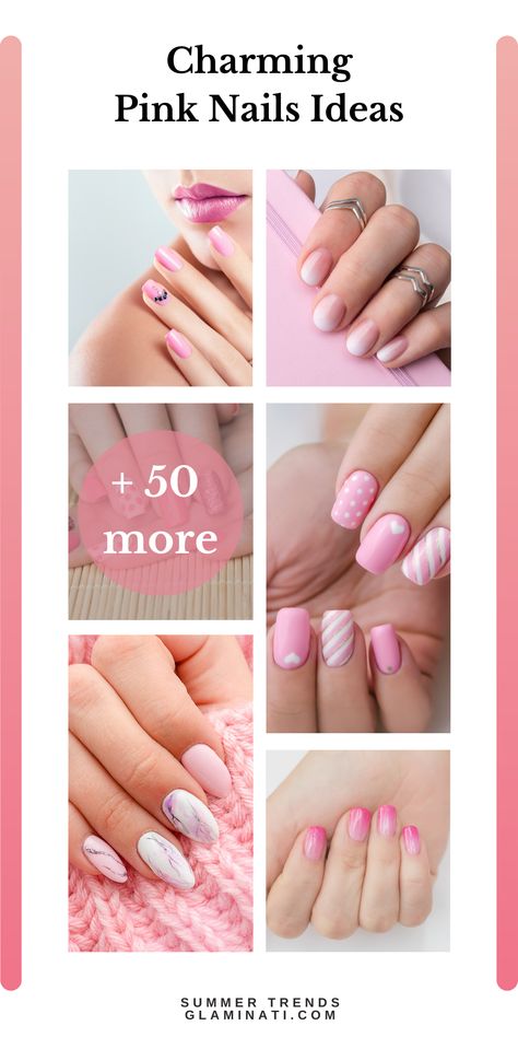 Pink nails with help you to feel yourself a real princess. Just look at this beautiful pink nails design! Visit Glaminati.com for more inspirational ideas #glaminati #pinknails #pinknailsdesign #pinknailsideas #pinkmaniqure #pinkfloralnails #floralnails #polkadots #pinkombrenails Pink Gel Polish Designs, Short Pink Nail Designs Summer, Pale Manicure Ideas, Spring Pink Nail Designs, Lite Pink Nails Design, Nail Art For Pink Nails, Pail Pink Nails With Design, Pink Fingernails Designs, Baby Pink Spring Nails