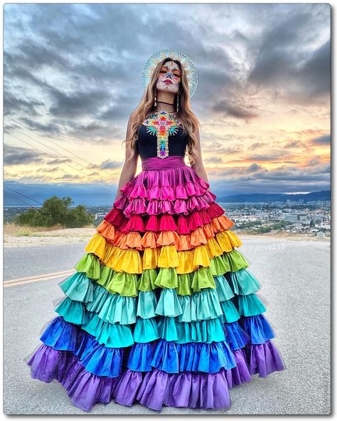 Lily Martinez on Instagram: “Happy Pride Month!🌈 Loved creating this Catrina look for last year’s June Pride month! Had to share this chingona shot my husband @mucio323…” Mexican Fancy Dress, June Pride Month, Girls Maxi Skirt, Long Tiered Skirt, Stylish Prom Dress, Chic Evening Dress, Skirt Inspiration, High Waist Long Skirt, Puffy Skirt