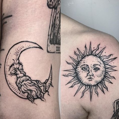 Medieval Sun Tattoo, Myth Tattoo, Moon Sun Tattoo, Etching Tattoo, Woodcut Tattoo, Medieval Tattoo, Engraving Tattoo, Tattoo Moon, Tattoo Jewelry