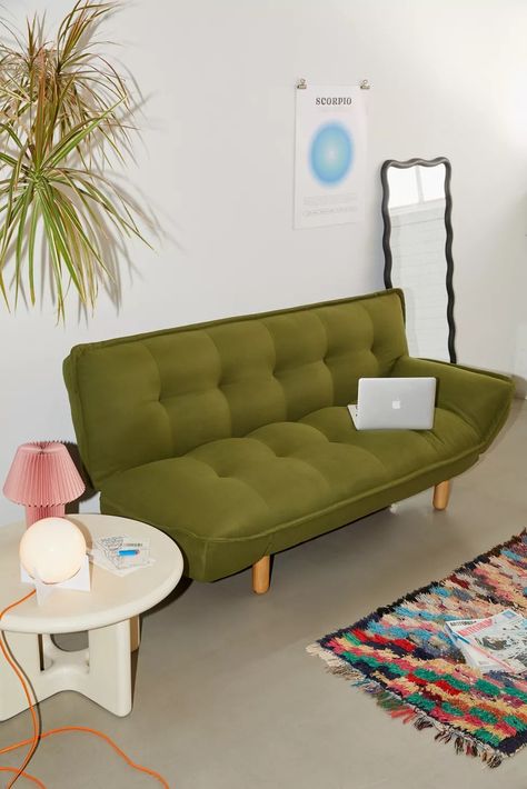 Lisa Sleeper Sofa | Urban Outfitters Urban Outfitters Furniture, Green Sofa Living, Green Sofa Living Room, Furniture Apartment, Wood Room Divider, Velvet Lounge Chair, Chic Sofa, Rattan Bed, Velvet Duvet