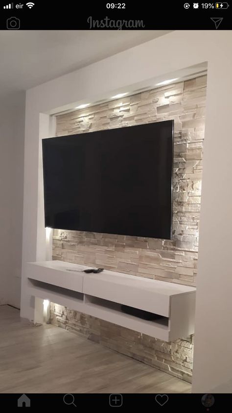 Stone Wall Living Room, Decor Tv Wall, Stone Wall Interior Design, Design Tv Wall, Wall Decor Tv, Tv Wall Ideas, Ruang Tv, Wall Console, Stone Walls Interior