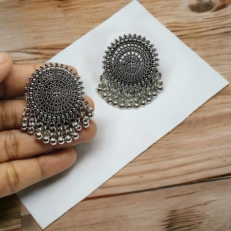 Oxidised Jewellery Earrings, Vintage Indian Jewelry, Unique Studs, Oxidized Silver Earrings, Pretty Jewelry Necklaces, Stud Earrings Unique, Silver Jewelry Fashion, Oxidised Jewellery, Jhumka Earrings